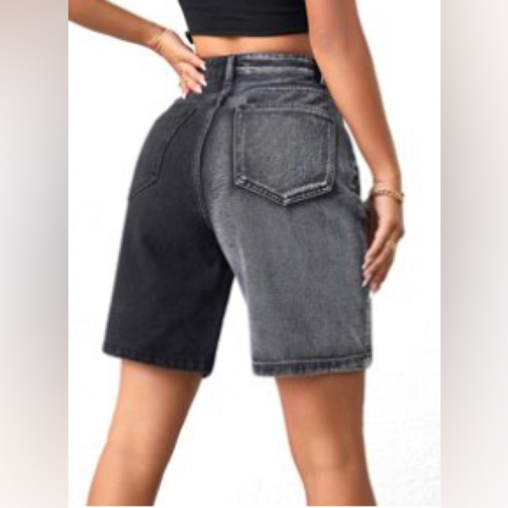 High Waist Two Tone Bermuda Denim Shorts
